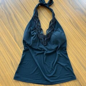 00s Vintage Y2K Caché Braided Halter Top Black Built in Cups Tie Straps Medium